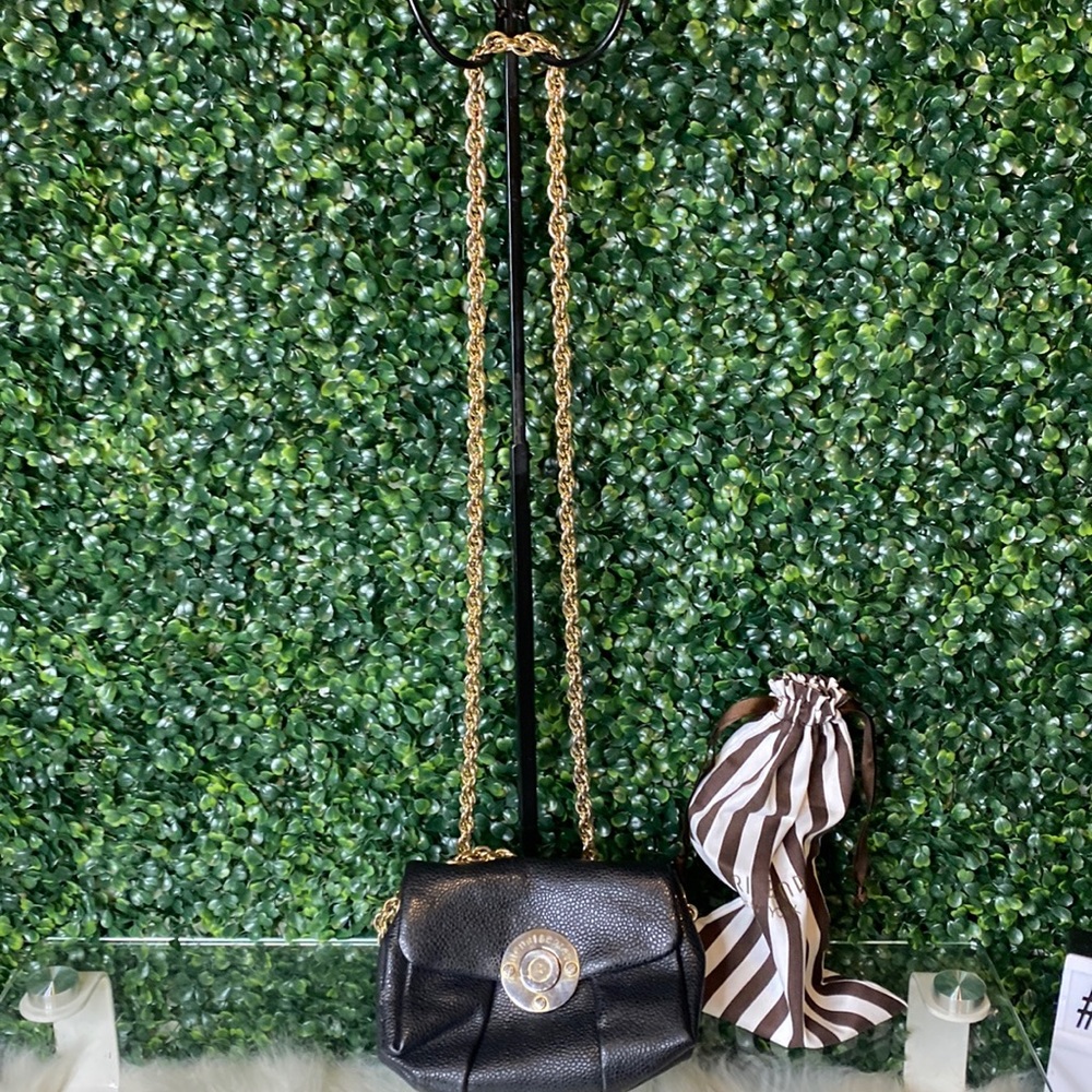 HENRI BENDEL Millner Crossbody Caviar Leather Clutch, Black Box Bag Gold Chain